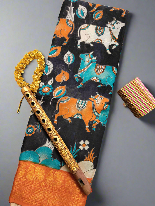 Kamadhenu Pichwai | Kanchi Border | Kalamkaari Silk Saree