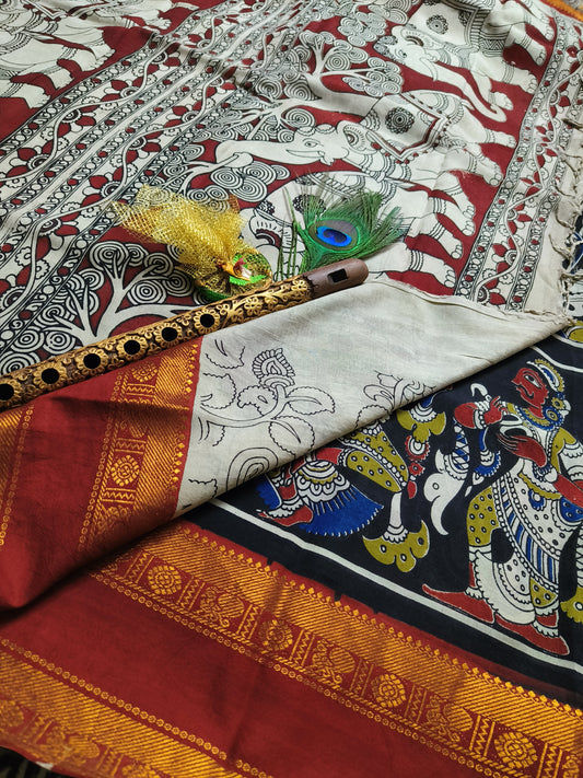 Maraala Mayura | Kanchi Border | Kalamkaari Silk Saree