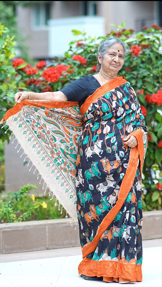 Kamadhenu Pichwai | Kanchi Border | Kalamkaari Silk Saree