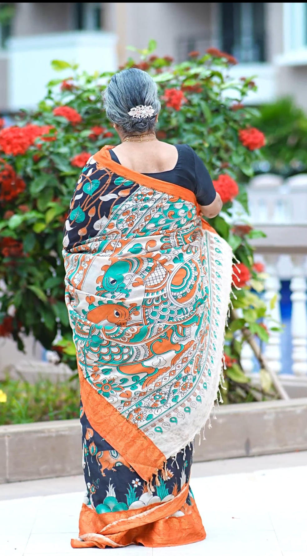 Kamadhenu Pichwai | Kanchi Border | Kalamkaari Silk Saree