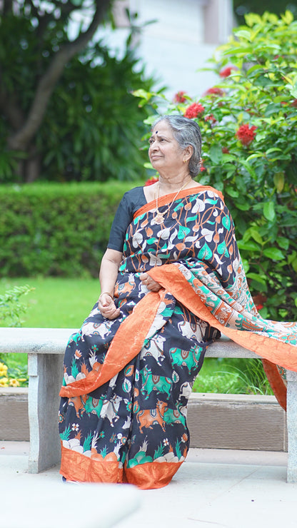 Kamadhenu Pichwai | Kanchi Border | Kalamkaari Silk Saree