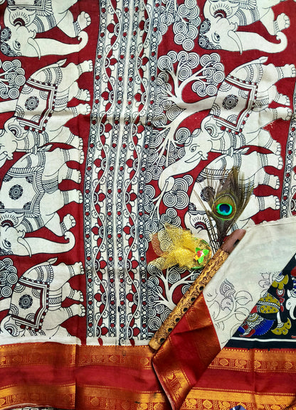 Maraala Mayura | Kanchi Border | Kalamkaari Silk Saree